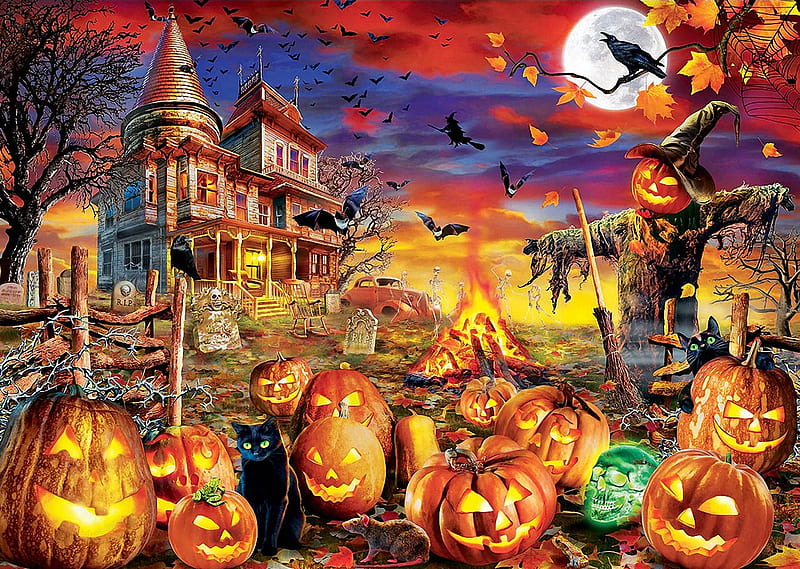 Glow in the Dark, pumpkins, halloween, art, witch, house, raven, HD wallpaper
