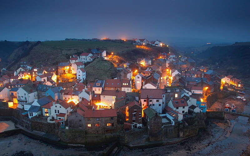 Whitby, North Yorkshire, England, evening, city lights, fog, little village, HD wallpaper