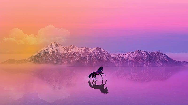 :-), ice, reflection, pink, horse, winter, lake, luminos, iarna, mountain, water, blue, HD wallpaper