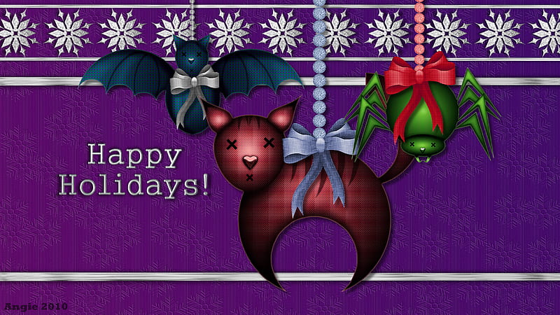 Happy Holiday Critters, christmas, holiday, stuffed animal, cat, spider, cartoon, winter, seasonal, bat, animals, HD wallpaper