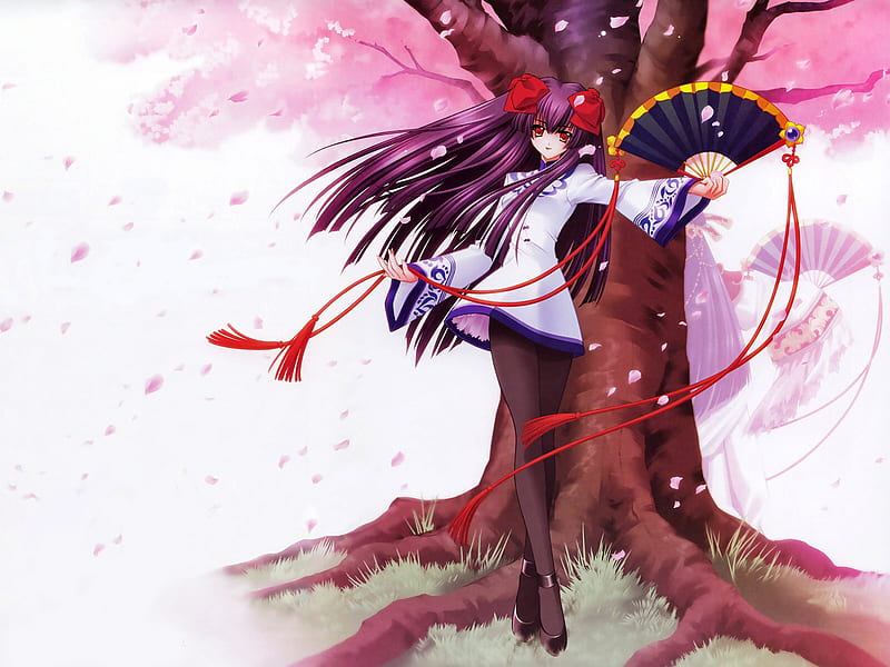 Chinese Girl, tree, wind, anime, traditional clothes, carnelian, fan, chinese, cherry, HD wallpaper