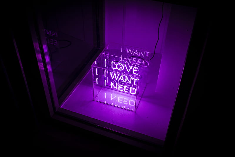 inscription, neon, cube, glow, purple, HD wallpaper