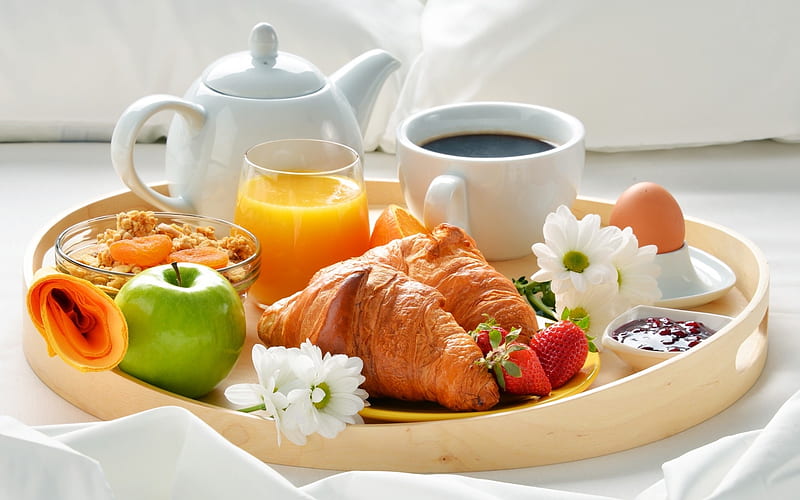 Breakfast in Bed, apple, breakfast, croissans, coffee, HD wallpaper