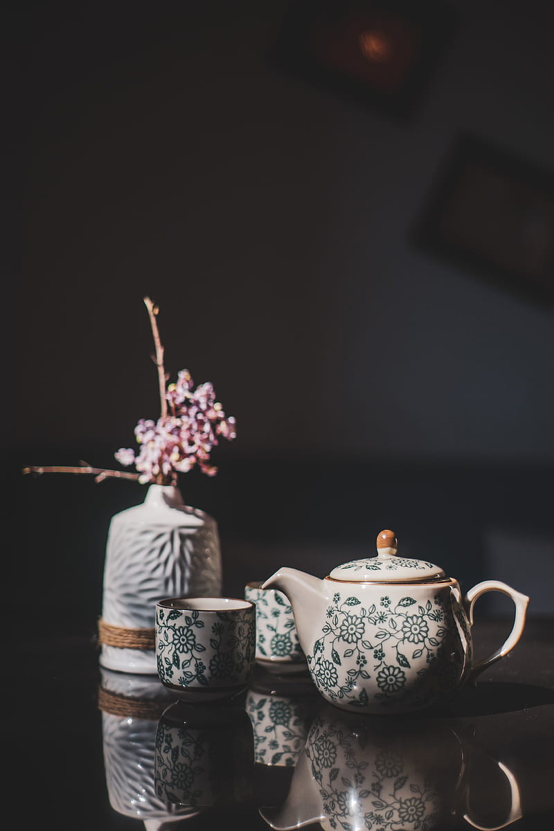 teapot, cups, vase, flowers, decor, HD phone wallpaper