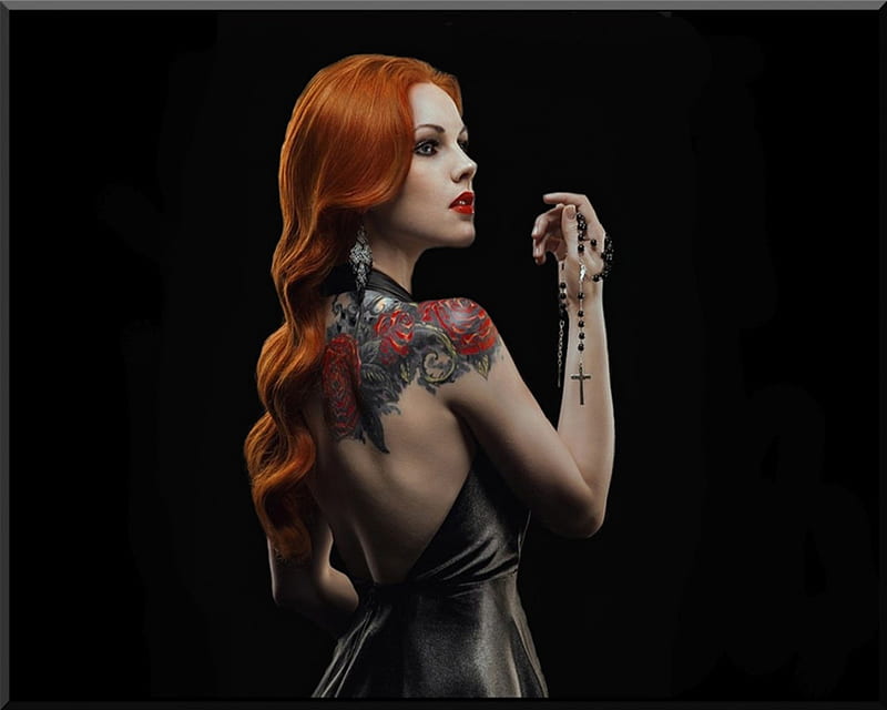 Beautiful Tattooed Woman with Long Wavy Hair · Creative Fabrica