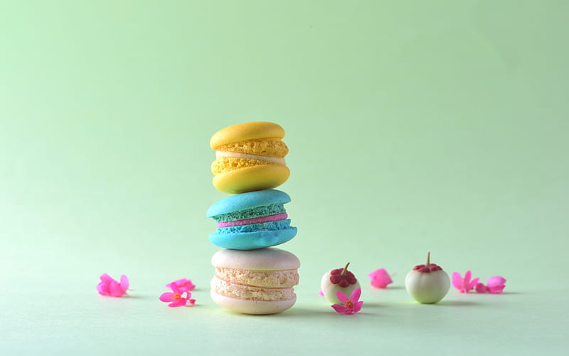 :), blue, sweet, macaroon, yellow, green, cookie, dessert, food, pink, HD wallpaper