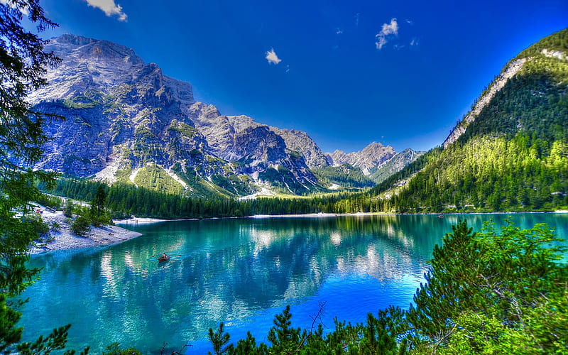 Lake Braies, R, mountain lake, South Tyrol, mountains, Italy, summer, mountain landscape, glacial lake, Alps, Lago di Braies, Pragser Wildsee, HD wallpaper