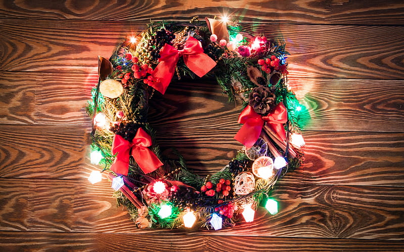 New Year, Christmas wreath, evening, garland, decoration, HD wallpaper