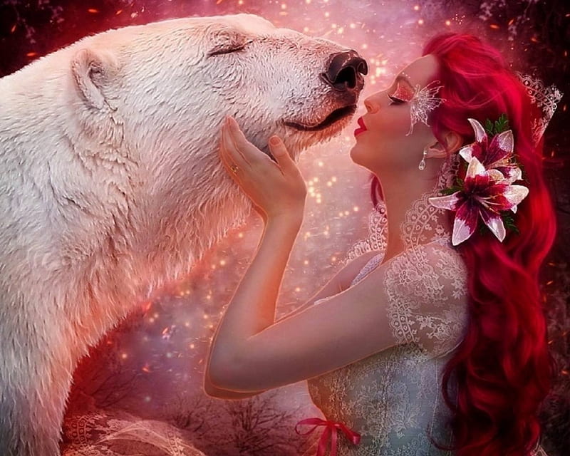 ~Kissing Bear~, redhead, white bear, love four seasons, bear, creative pre-made, digital art, kiss, fantasy, manipulation, emotional, weird things people wear, HD wallpaper