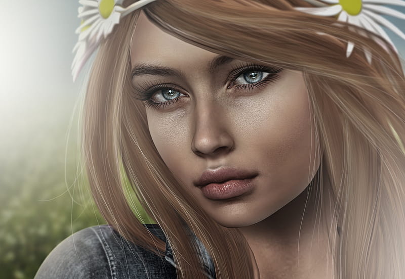 Beauty Fantasy Girl Flower Rendering Face Woman Daisy Hd Wallpaper Peakpx 