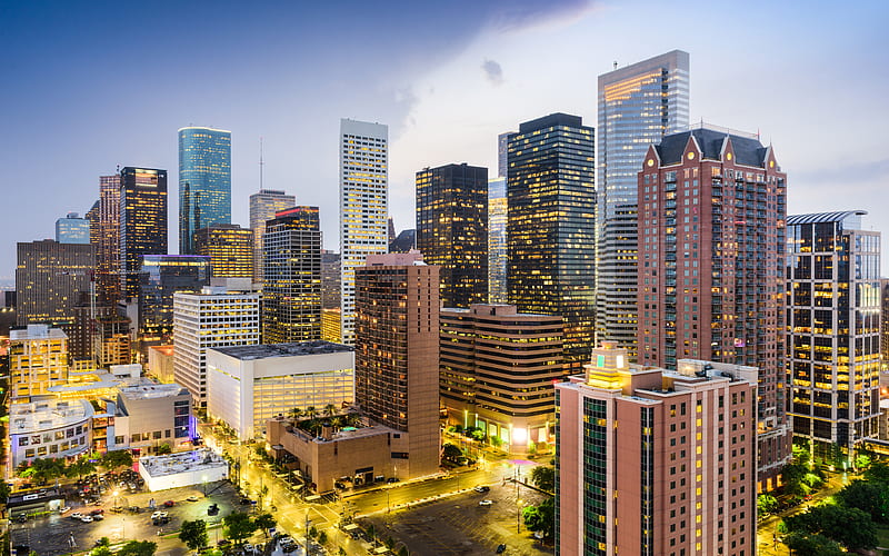 Houston modern buildings, Texas, USA, american cities, America, Houston at evening, R, City of Houston, Cities of Texas, HD wallpaper