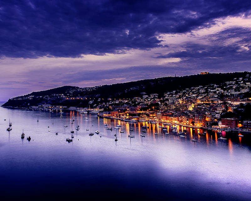France, boats, french, lake, lights, mist, night, sunset, town, vile, HD wallpaper