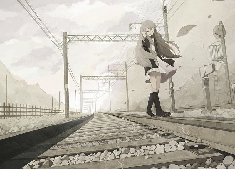 Just me,myself and I!, pretty, kneehighs, dress, boots, bonito, old, clouds, sweet, leaves, nice, fantasy, railway line, anime, beauty, anime girl, long hair, female, brown hair, sky, cute, alone, cool, air, awesome, landscape, HD wallpaper