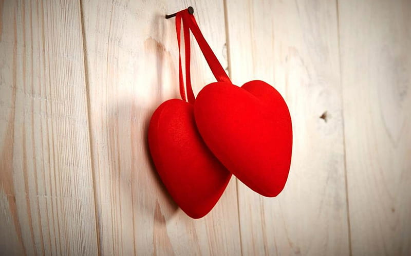 Two Hearts, red, corazones, hang, love, HD wallpaper
