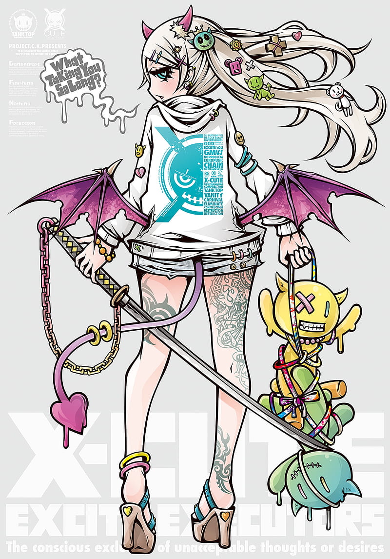 anime girls, anime, original characters, tattoo, horns, Project.C.K., HD phone wallpaper