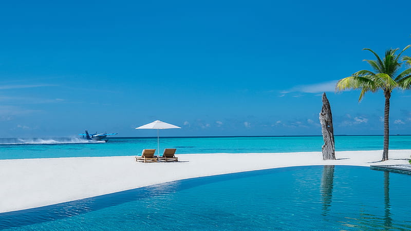 The Maldives, Umbrella, Pool, Island, Sun loungers, beach, HD wallpaper