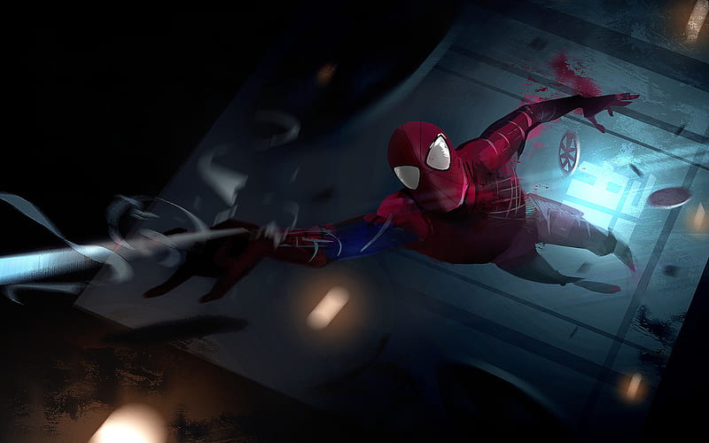 Spiderman, darkness, superheroes, flying Spiderman, DC Comics, HD wallpaper