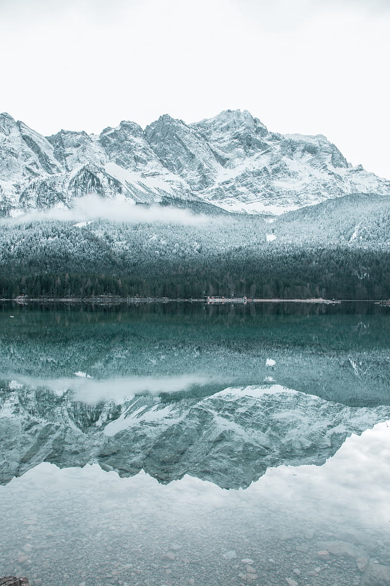 mountain, lake, winter, snow, reflection, HD phone wallpaper