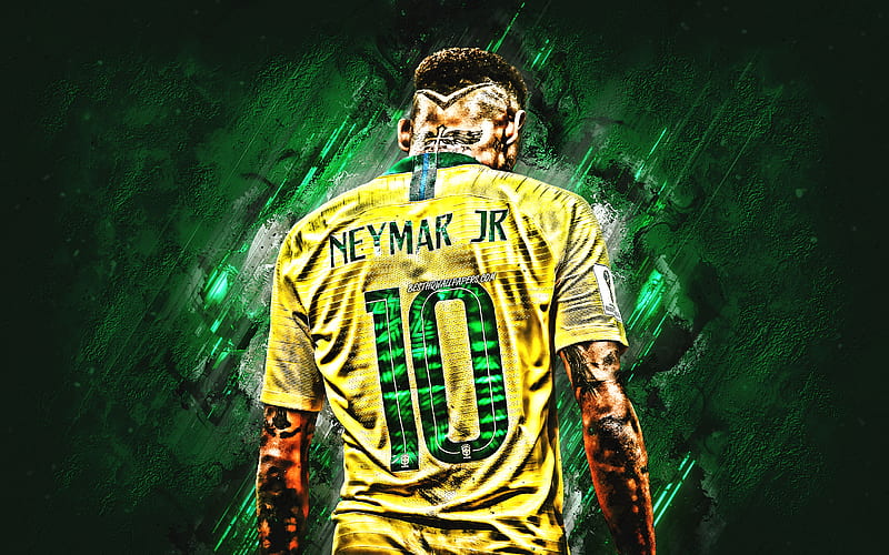 Neymar, Brazil National Team, back view, grunge, Neymar JR, soccer, football stars, green stone, Brazilian football team, Neymar back view, HD wallpaper