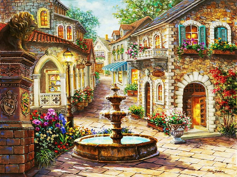 Old Fountain, city, ancient, houses, painting, flowers, street, HD wallpaper