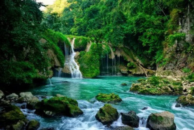 Paradise in Guatemala, stream, fall, rocks, falling, Guatemala, bonito, nice, calm, stones, waterfall, quiet, lovely, greenery, water, serenity, paradise, nature, HD wallpaper