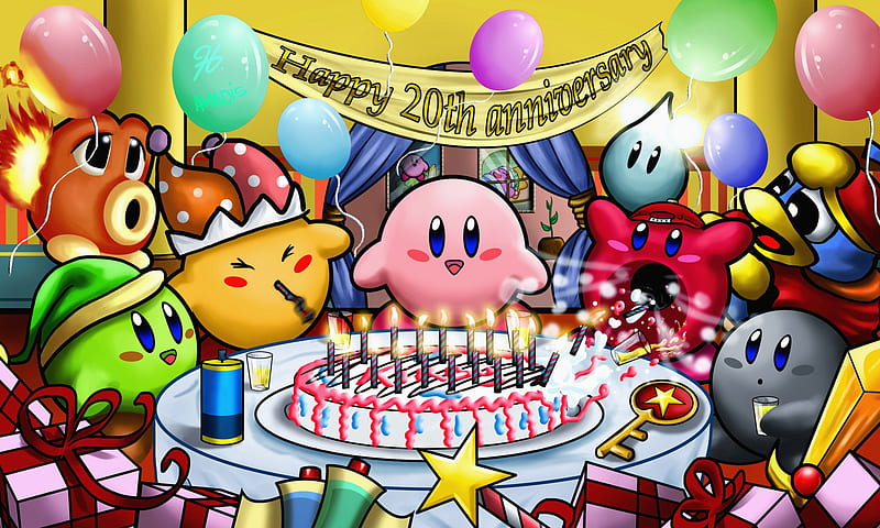 Happy 20th anniversary Kirby!, fanart, cake, red, gray, video games, yellow, artwork, green, pink, spark kirby, stars, kirby 20th anniversary, sword kirby, key, candles, cute, king dedede, presents, 20th anniversary, kirby, HD wallpaper