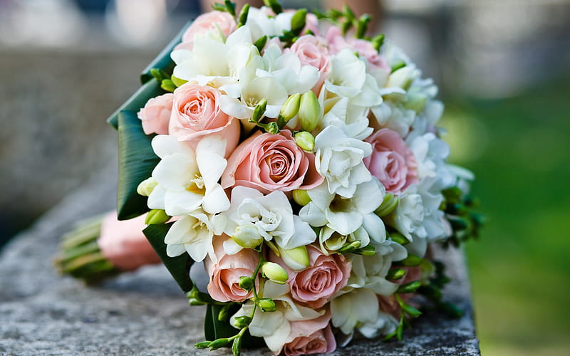 wedding bouquet, pink roses, bridal bouquet, roses, beautiful flowers, white pink bouquet, HD wallpaper