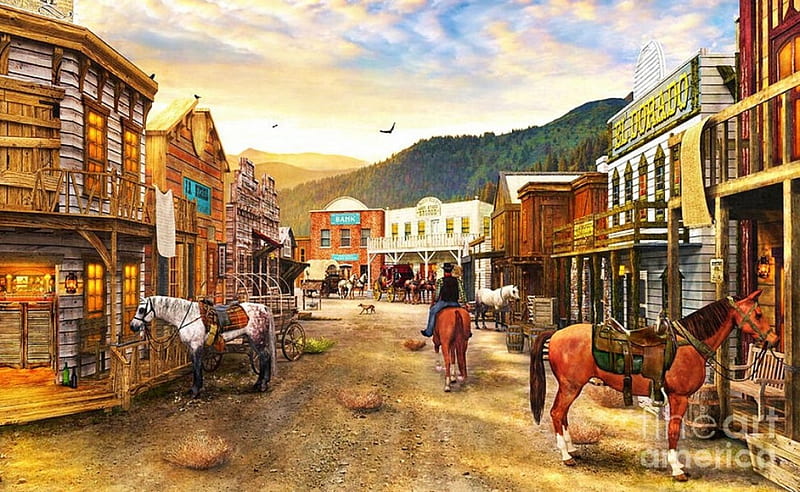 Wild West Town, saloon, people, houses, painting, artwork, horses, HD wallpaper