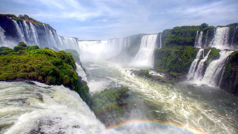 magnificent iguazu waterfalls on the border of brazil and argentina, cliffs, massive, rainbow, spray, waterfalls, HD wallpaper