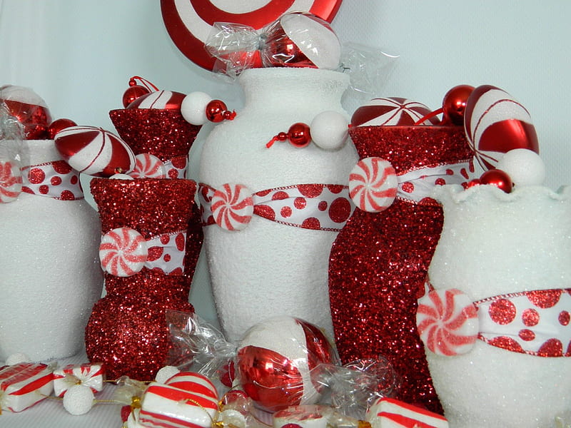 Peppermint, red, ornaments, stripes, christmas, holiday, mints, vases, wrapper, peppermints, season, white, HD wallpaper