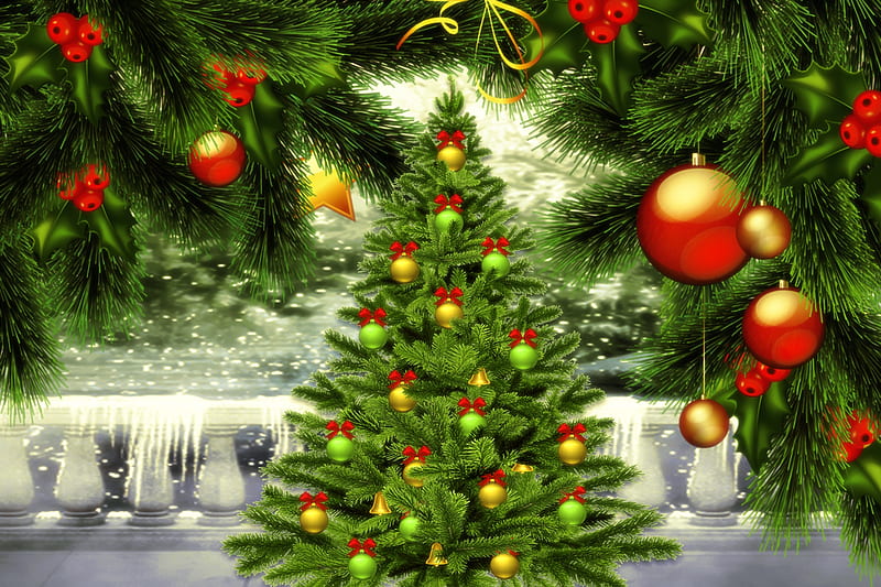 Christmas Tree on Balcony, Nature, Christmas, Festive, Tree, Snow, Snowflakes, Winter, HD wallpaper
