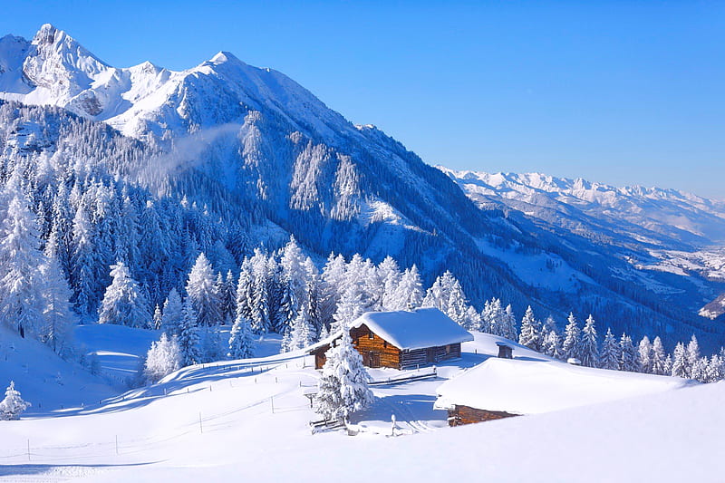 Chalet in winter Alps, winter, hills, mountain, chalet, view, beauitful, snow, HD wallpaper