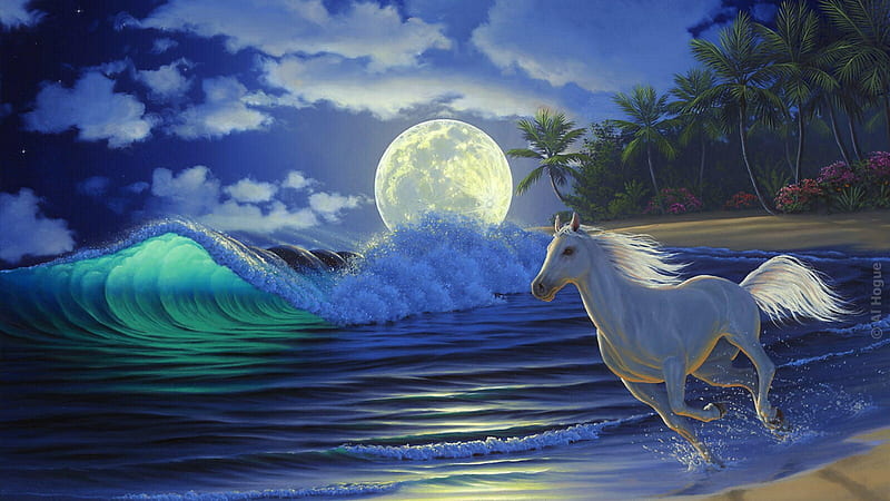 Artistic White Horse With Sea Moon And Trees Background Horse, HD wallpaper