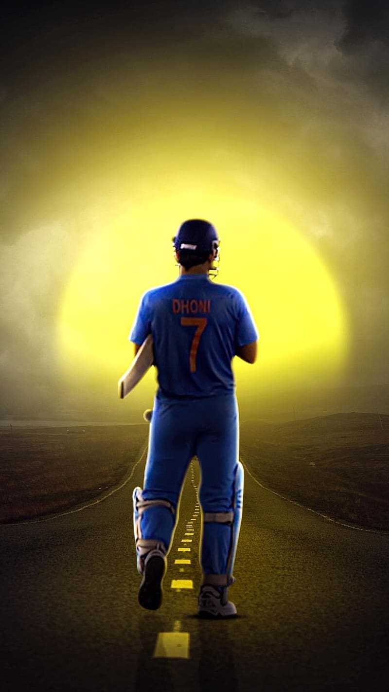 Ms Dhoni Near Rising Sun, ms dhoni, rising sun, blue jersey, indian, cricketer, sports, HD phone wallpaper