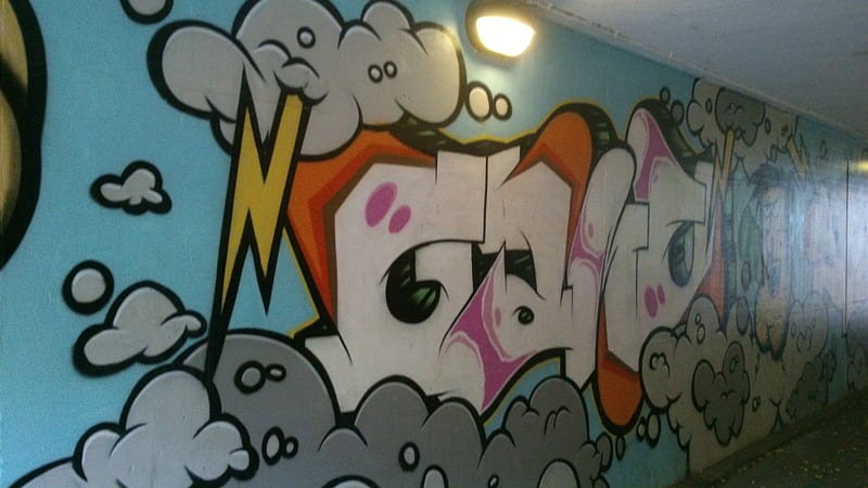 Underpass Grafitti, Snapshot, Grafitti, NSK-Crew, Sprayed, Comic Art, Limburg, White, Lightning Graffitti, Scene, graphy, Underpass, Blue, Orange, Light, Flash, Street Art, Art, Cloud, graph, gris, Lamp, HD wallpaper