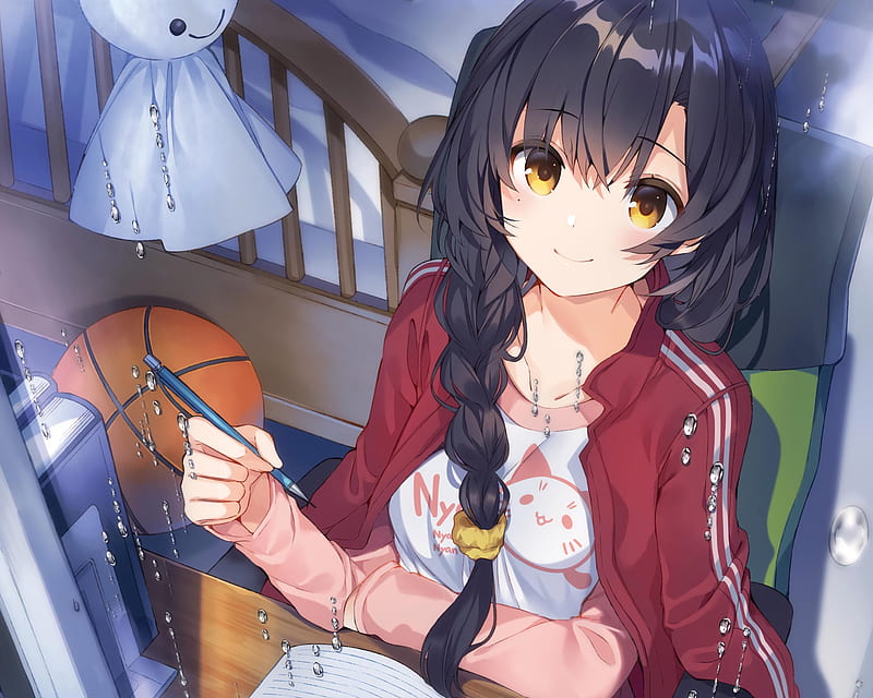 cute anime girl, braid, studying, jacket, basketball, Anime, HD wallpaper