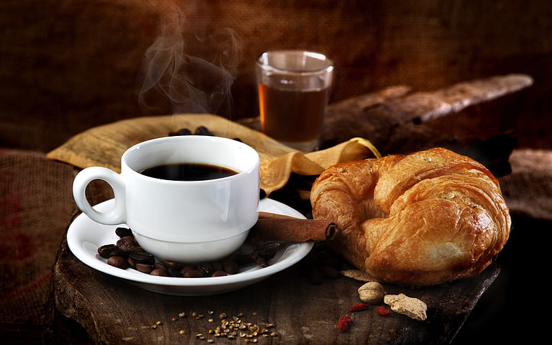 Coffee and Croissant, drink, food, croissant, coffee, HD wallpaper