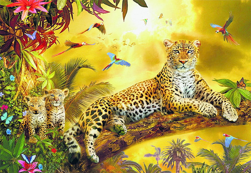 Leopards, yellow, cub, jungle, family, leopard, art, animal, cute, tree, fantasy, bird, HD wallpaper