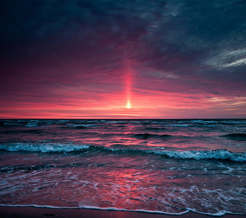 SUNSET, blue, cloud, pink, sea, sky, sun, water, wave, HD wallpaper
