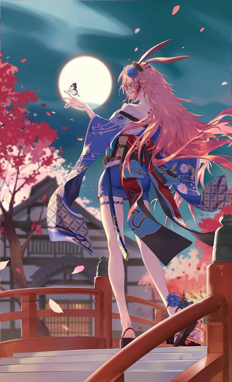 Anime girl, bridge, flowers, kimono, moon, night, puente, rosado, HD phone  wallpaper | Peakpx