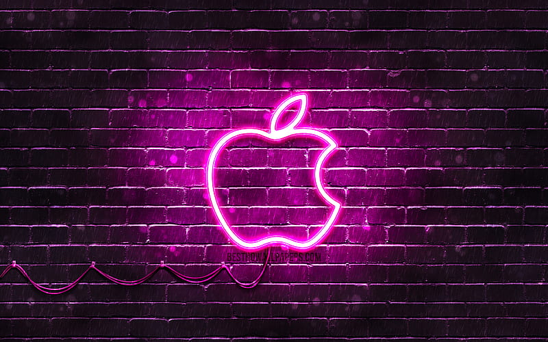 Apple purple logo purple brickwall, purple neon apple, Apple logo, brands, Apple neon logo, Apple, HD wallpaper