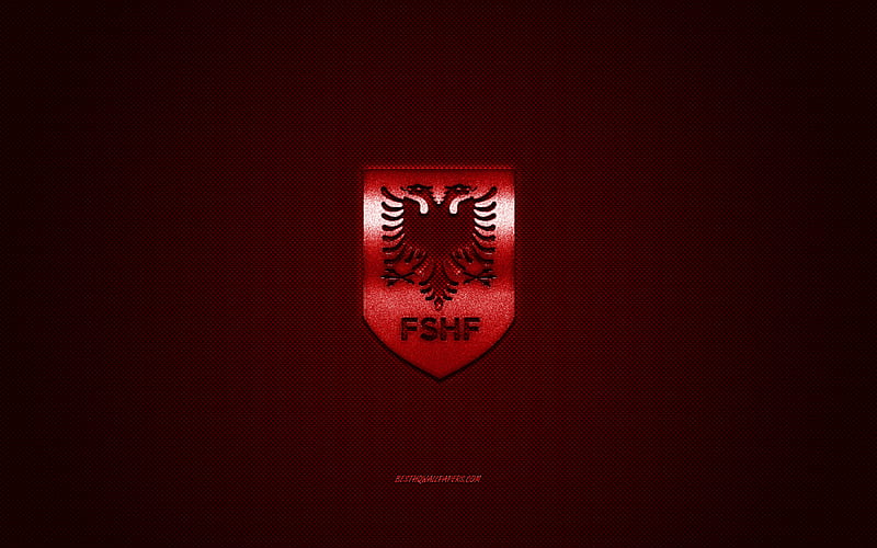 Albania national football team, emblem, UEFA, red logo, red carbon fiber background, Albania football team logo, football, Albania, HD wallpaper
