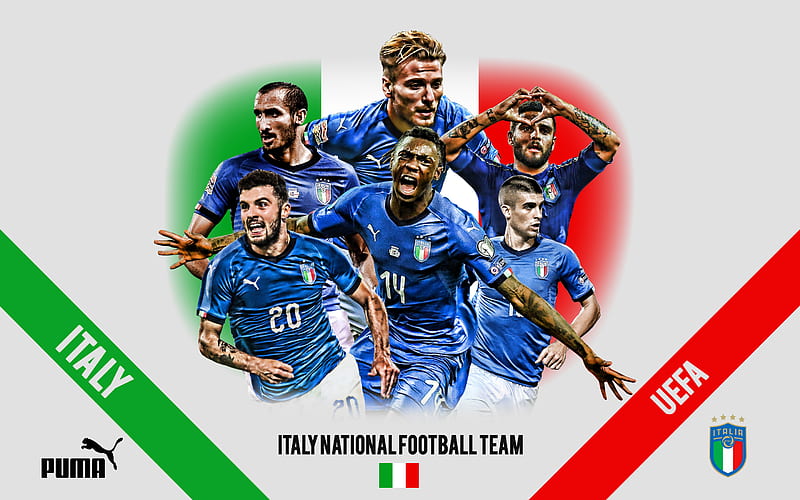 Italy national football team, logo, emblem, team leaders, UEFA, Italy, Lorenzo Insigne, Giorgio Chiellini, Ciro Immobile, Moise Kean, Italian football players, football, HD wallpaper