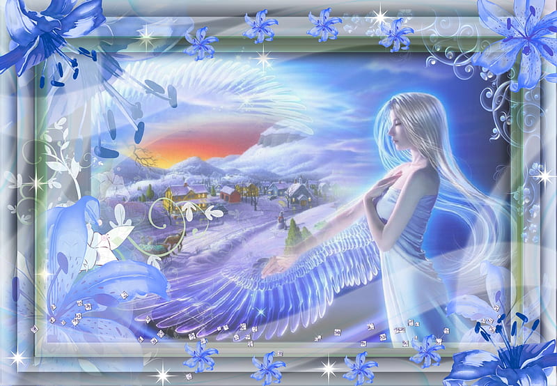 Winter Angel, wings, angel, pure, framed, abstract, softness, winter, girl, snow, love, beauty, village, white, HD wallpaper