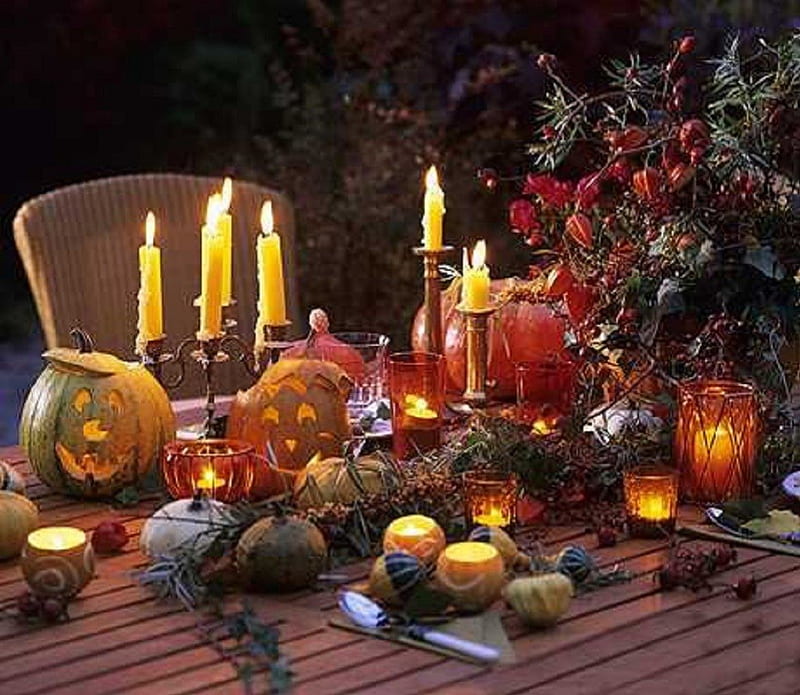 Halloween Evening, still life, halloween, garden, evening, table setting, abstract, pumpkins, candles, HD wallpaper