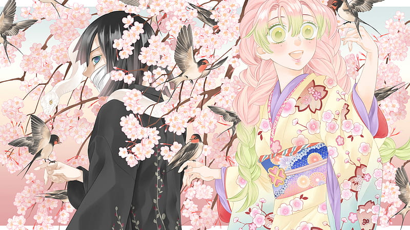 Demon Slayer Mitsuri Kanroji Obanai Iguro Around Flowers Birds And Snake Anime, HD wallpaper