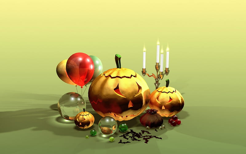 Halloween, candelabrum, pumpkins, balloons, HD wallpaper