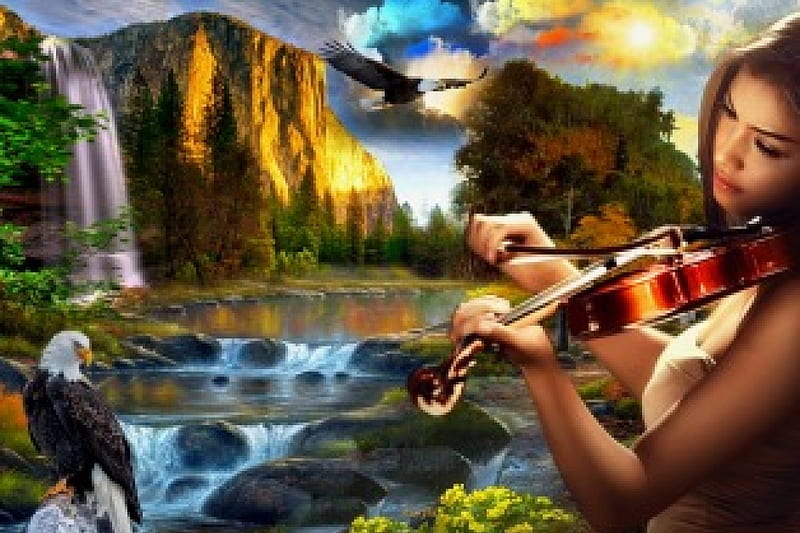 song of love, stream, eagles, violin, sun, music, eagle, birds, water, girl, mountains, waterfall, nature, river, scenery, HD wallpaper