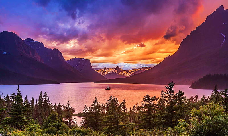 St Mary Lake, Glacier NP, Montana, mountains, usa, colors, sunset, trees, clouds, sky, HD wallpaper