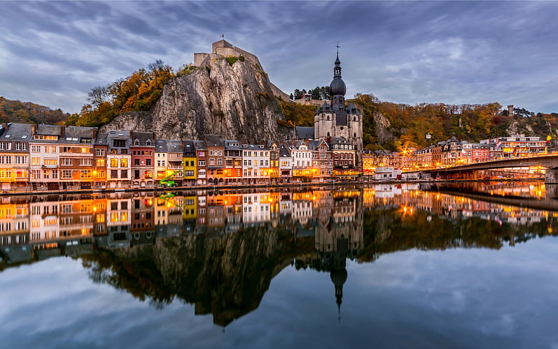 Namur, Evening, sunset, River Meuse, Dinant, Belgium, Notre Dame de Dinant, HD wallpaper